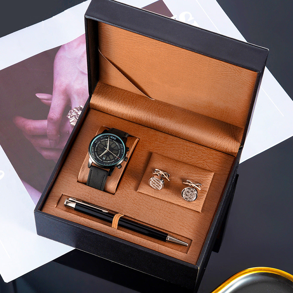 Flag Village 3 Piece Men's Watch Set Gift Box Sports Retro Calendar Quartz Watch Pen Cufflinks