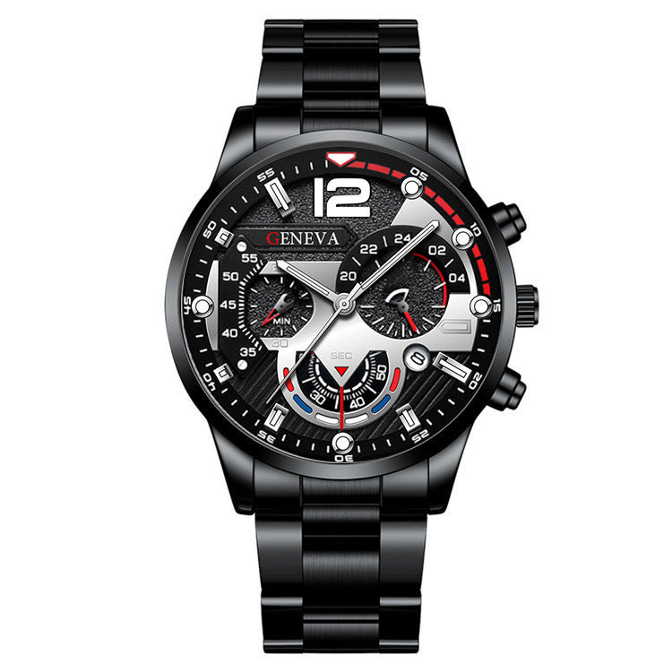 Flag Village 2pcs Men's New Popular Steel Strip Fashion Business Three Eye Quartz Watch Bracelet Set Valentine's Day Gifts