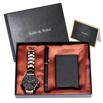 Flag Village Men's Quartz Watch Credit Card Case Gel Pen Set Fashion Gift Set Box