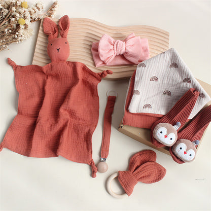 Flag Village Baby Rabbit Lion Appeasing Towel Socks Saliva Towel Wash Gift Box Newborn Bite Ring Hair Band Set