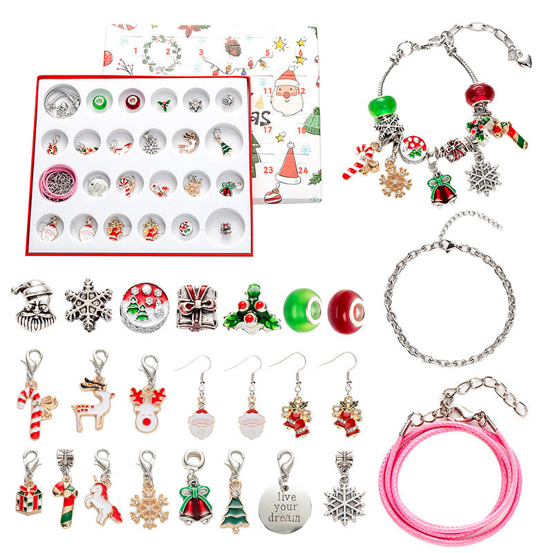 Flag Village DIY Creative Kids Bracelet Ornament 24 Grid Calendar Christmas Surprise Blind Box Silver Set