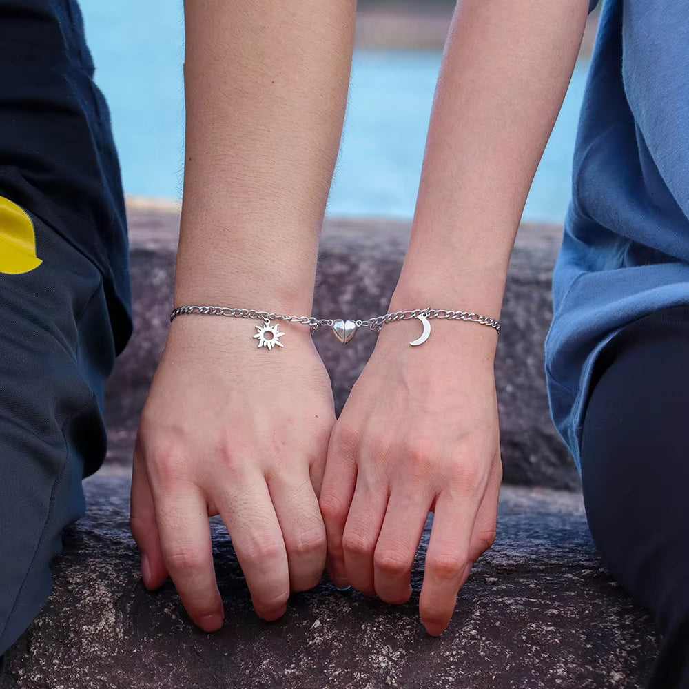 Flag Village 2Pcs Sun Moon Charm Magnet Attraction Stainless Steel Bracelets For Couples Men Women Jewelry Wholesale Valentine's Day Gifts