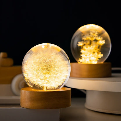 Flag Village Luminous 3D Dandelion Crystal Ball Beech Wood Stand Base Preserved Flower Sphere Ball Desktop Ornaments Bithday Christmas Gifts