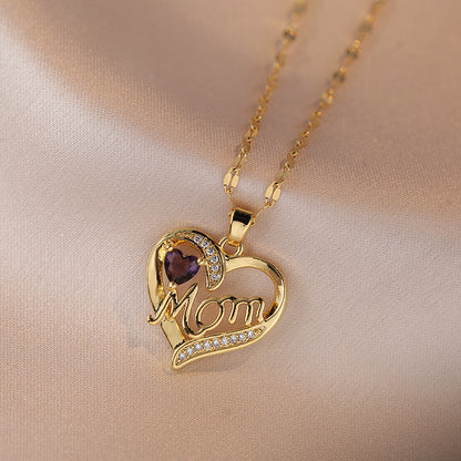 Flag Village Mother's Day Jewelry High Grade Zircon Heart Flower Pendant Necklace Stainless Steel Trendy Geometric Choker Jewelry Party Gifts For Women Girls