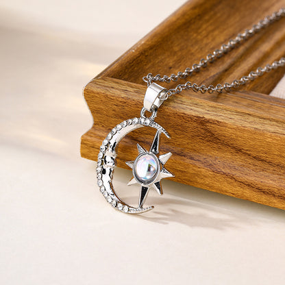 Flag Village Fashion Jewelry Fashion Moon Star Zircon Pendant Necklace Stainless Steel Light Luxury Choker Jewelry Party Gifts For Women Girls