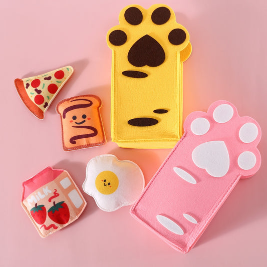 Flag Village Felt Toy Built-in Catnip Bell Pizza Toast Relieving Stuffy Smell Cat Teaser Storage Box Set Gift