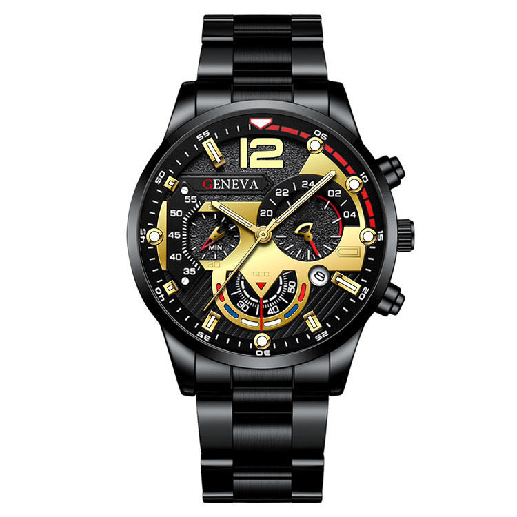 Flag Village 2pcs Men's New Popular Steel Strip Fashion Business Three Eye Quartz Watch Bracelet Set Valentine's Day Gifts