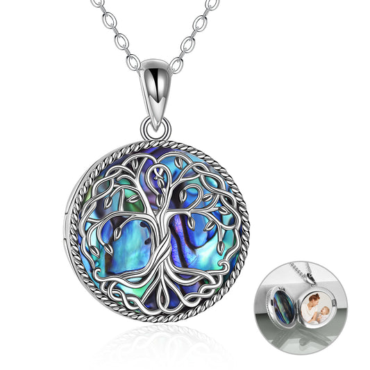 Flag Village Tree of Life Locket Necklace Jewelry for Women Sterling Silver Celtic Family Tree Abalone Shell Lockets Jewelry Gifts for Mom Daughter