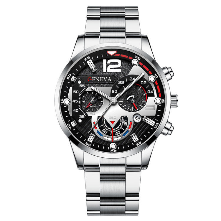 Flag Village 2pcs Men's New Popular Steel Strip Fashion Business Three Eye Quartz Watch Bracelet Set Valentine's Day Gifts