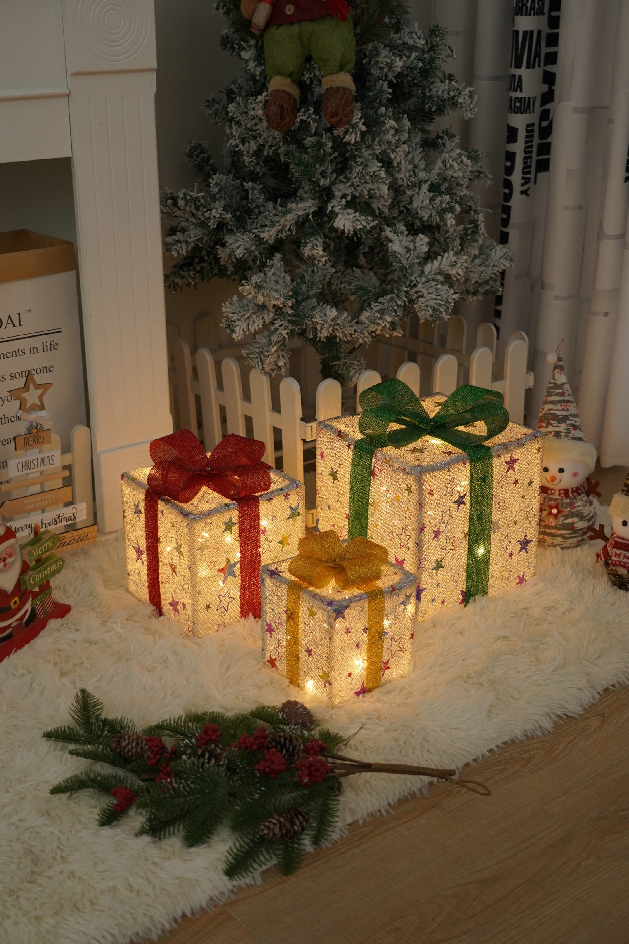 Flag Village Remote Control Christmas Gift Box Lights Christmas Three-piece Decoration