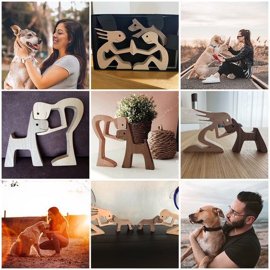 Flag Village DIY Figurine Wood Dog Ornament Sculpture Home Decoration A Man A Dog Wood Sculpture Christmas Gifts Model Decor