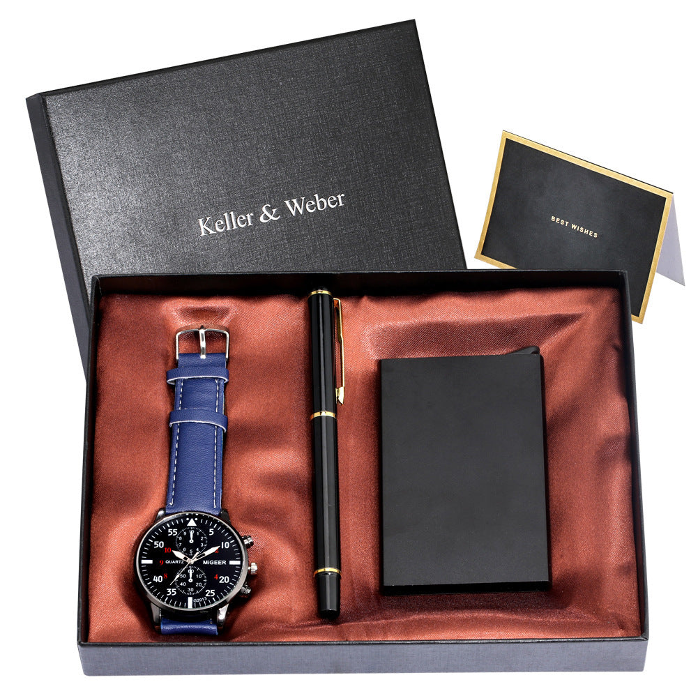 Flag Village Men's Quartz Watch Credit Card Case Gel Pen Set Fashion Gift Set Box
