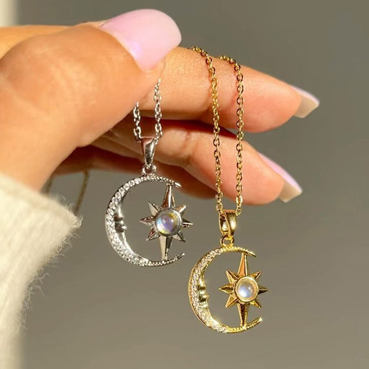 Flag Village Fashion Jewelry Fashion Moon Star Zircon Pendant Necklace Stainless Steel Light Luxury Choker Jewelry Party Gifts For Women Girls