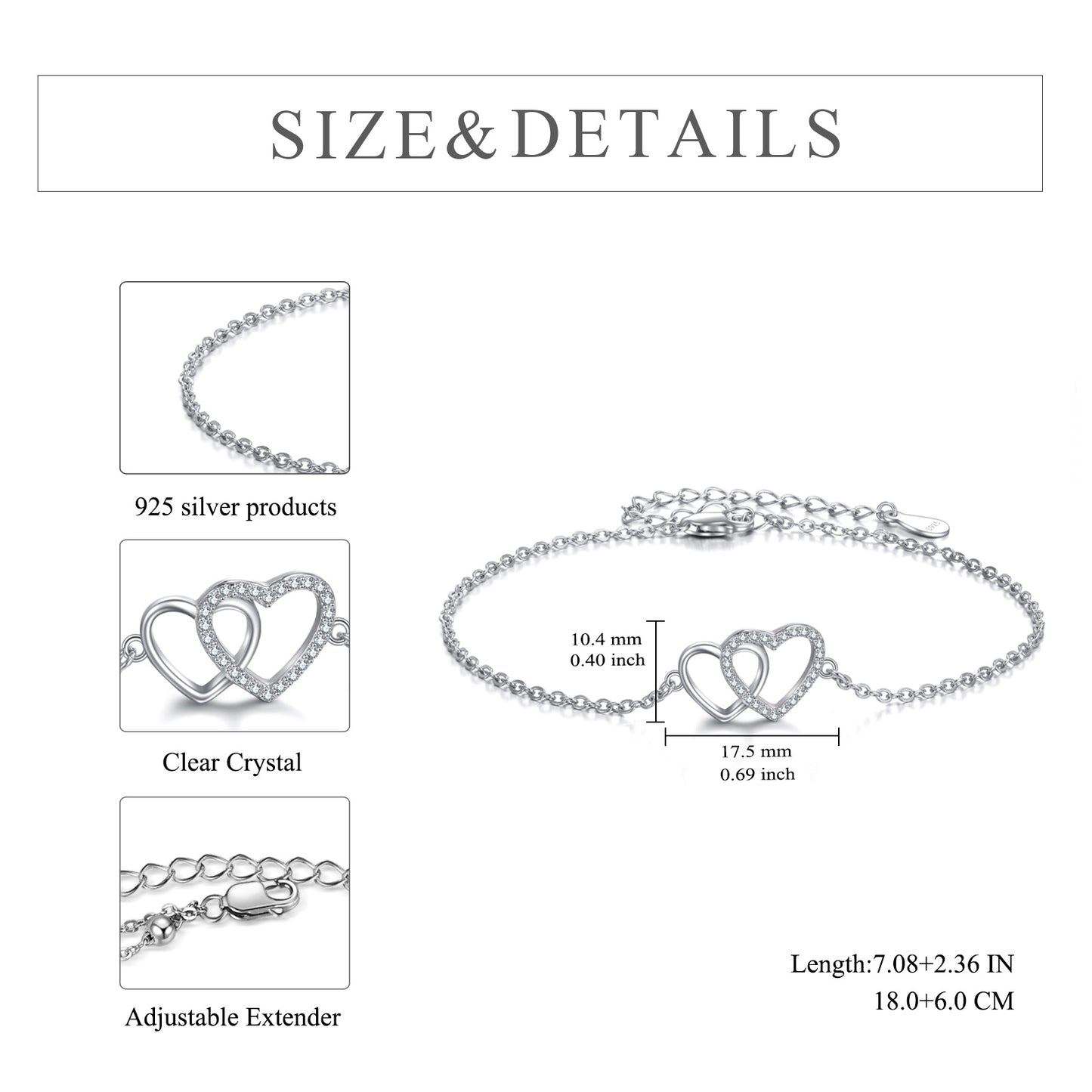 Flag Village Sterling Silver Double Love Heart Bracelet Jewelry Gifts for Women
