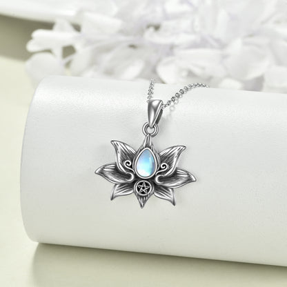 Flag Village Sterling Silver Moonstone Lotus Flower Pendant Necklace Jewelry Gifts for Women