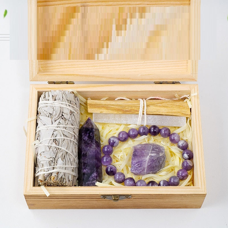Flag Village Natural Crystal Amethyst Wooden Box Set Gift Box