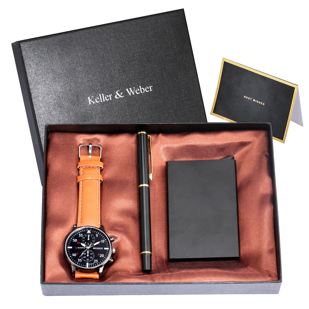 Flag Village Men's Quartz Watch Credit Card Case Gel Pen Set Fashion Gift Set Box