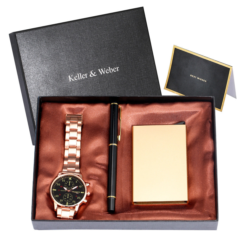 Flag Village Men's Quartz Watch Credit Card Case Gel Pen Set Fashion Gift Set Box